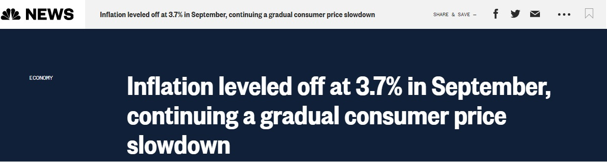 NBC News headline: 'Inflation leveled off at 3.7% in September, continuing a gradual consumer price slowdown'
