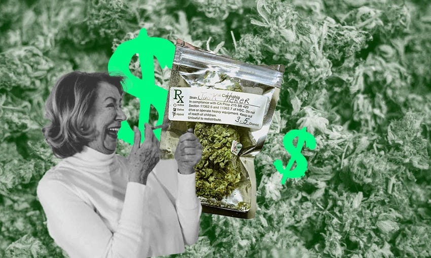The image appears to be a collage featuring a smiling elderly woman holding a package labeled "Jack Herer" cannabis amidst a background of cannabis buds with dollar signs superimposed. The imagery and composition suggest a focus on the financial or economic aspects of cannabis legalisation.