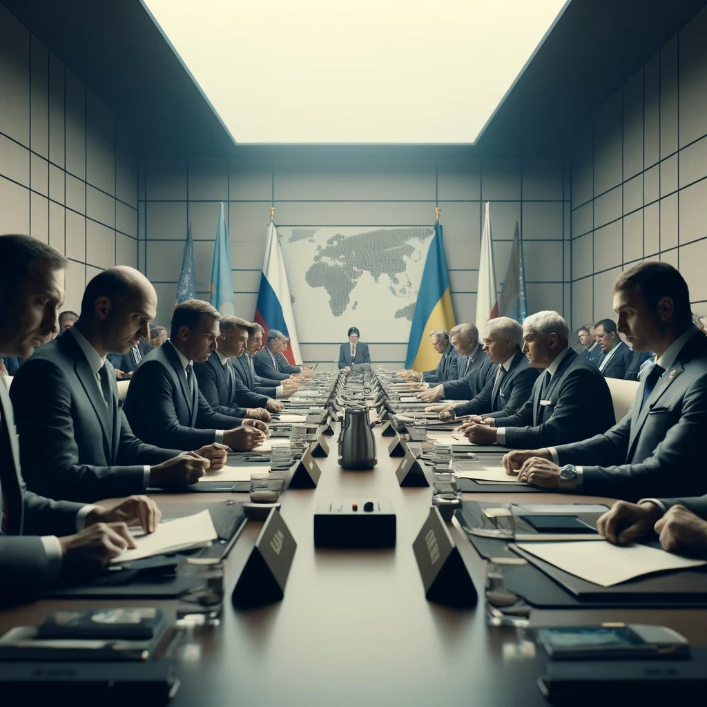 A tense diplomatic meeting depicting negotiators from Ukraine and Russia sitting at a long table in a neutral, modern conference room. The atmosphere is heavy with a sense of urgency and seriousness. Ukrainian delegates are portrayed as focused and resolute, while Russian delegates appear stern and calculating. The room is minimalistic, with flags of Ukraine, Russia, and the UN subtly placed in the background. The setting conveys a crucial moment in international diplomacy, with papers and laptops open, showing maps and treaty texts.