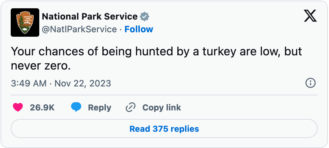 November 22, 2023 tweet from the National Park Service reading, "Your chances of being hunted by a turkey are low, but never zero."