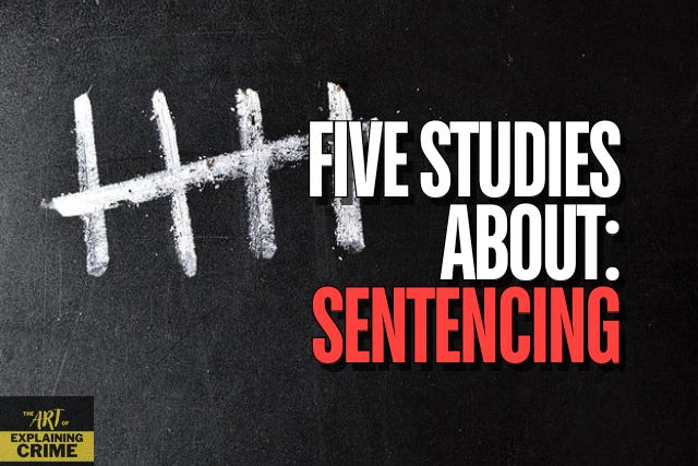 "Five Studies About: Sentencing" appears in the foreground. The background is a blackboard with five thick tally marks written in chalk.