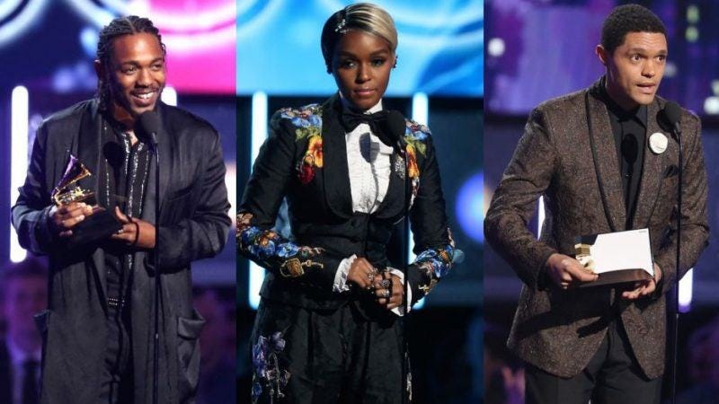 kendrick lamar janelle monea with travor noah slamming donald trump at 2018 grammys