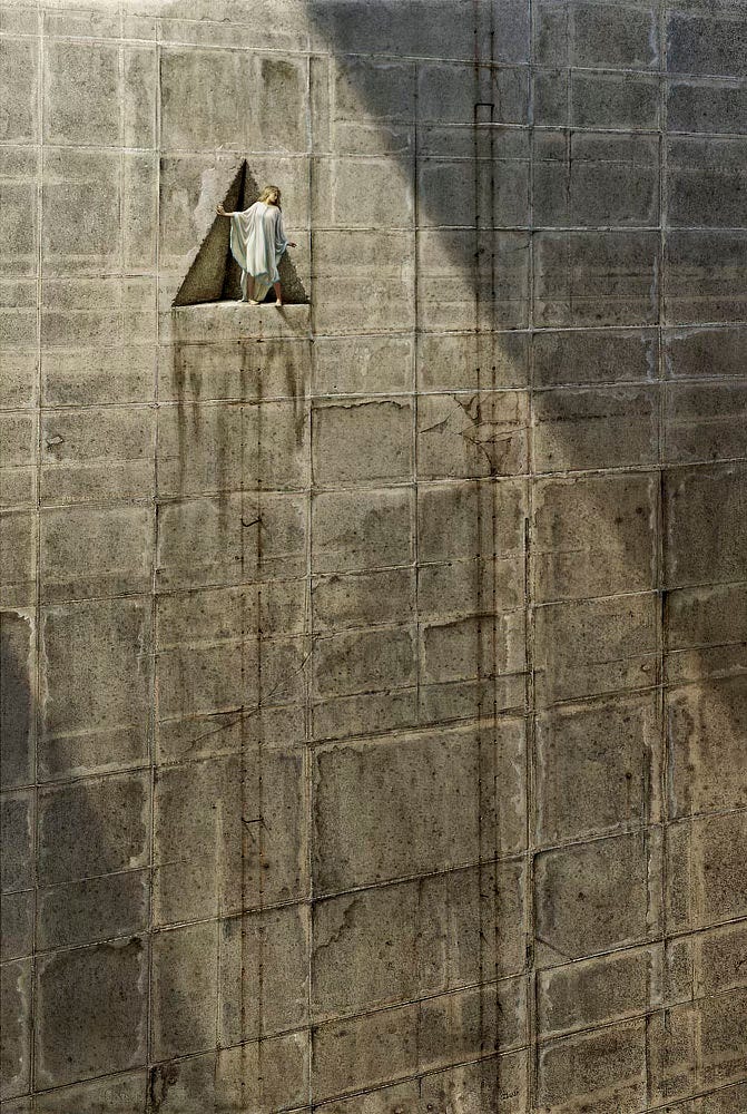 A woman with tentative footing stands in a tetrahedral crevice cut into the face of an enormous stone wall. With no good handhold, she extends to glance out at a track of rust stains in the textured concrete. Well out of arm's reach, the vertical lines run parallel, marked with empty pairs of holes and the occasion—often broken—rung made of bent rebar. A similar pattern, evidence of a ladder that used to run up the wall, extends down from where she stands, but from her vantage she doesn't see it. She wears a white shawl-like shift trimmed in blue that hangs to knee length on the front and down to her heels in the back. Cut in a triangular pattern, it is an obvious inversion of the nook she inhabits.