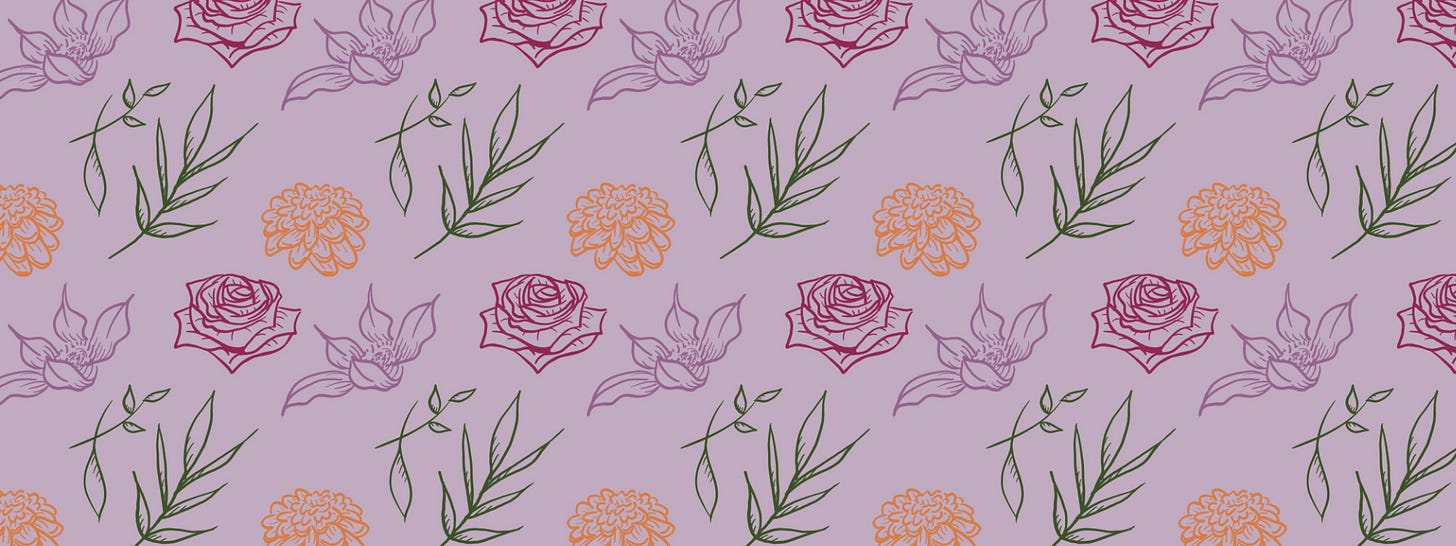 a repeating pattern with colorful outlines of flowers on a purple background