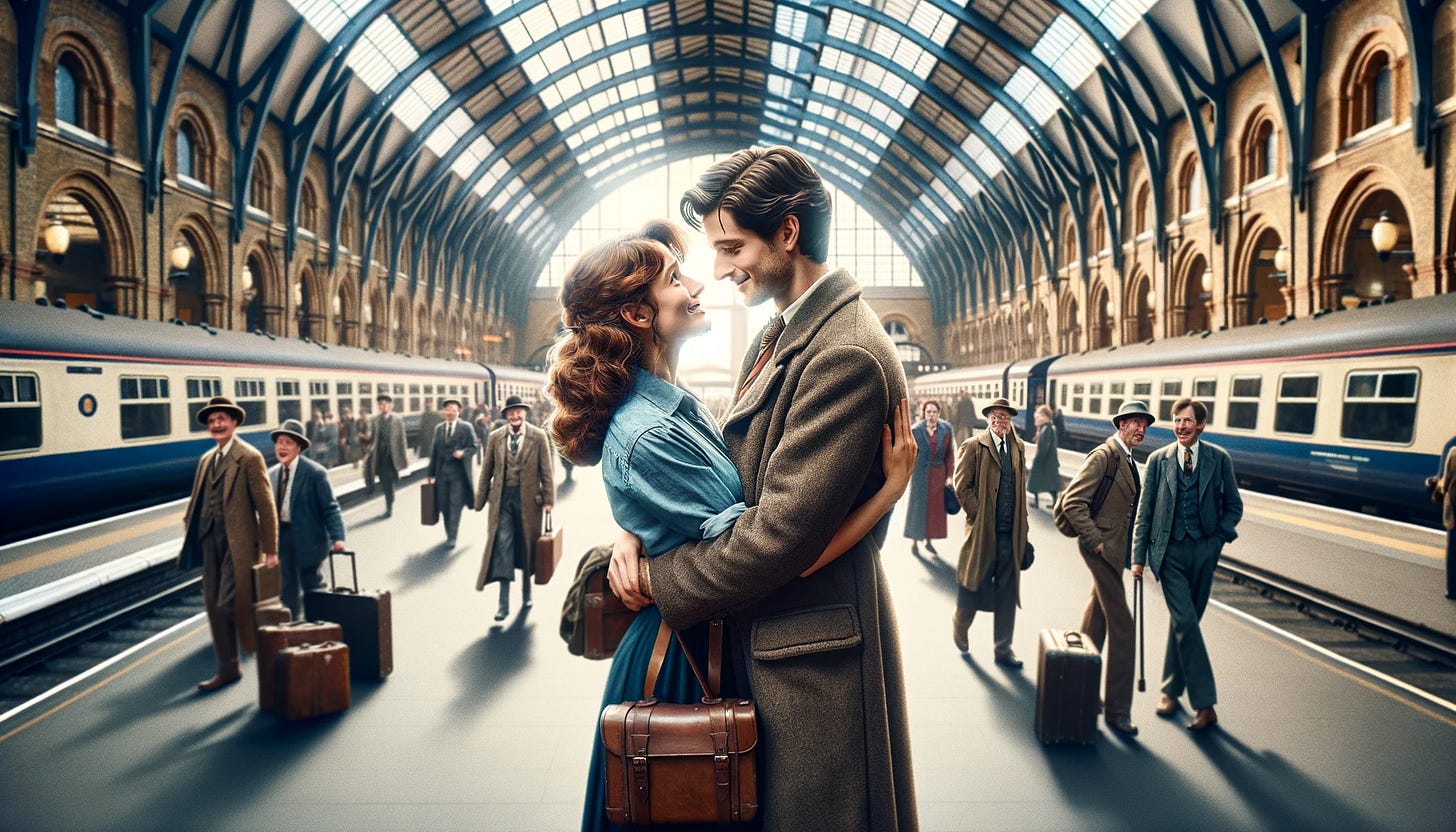 Couple reuniting at a railway station