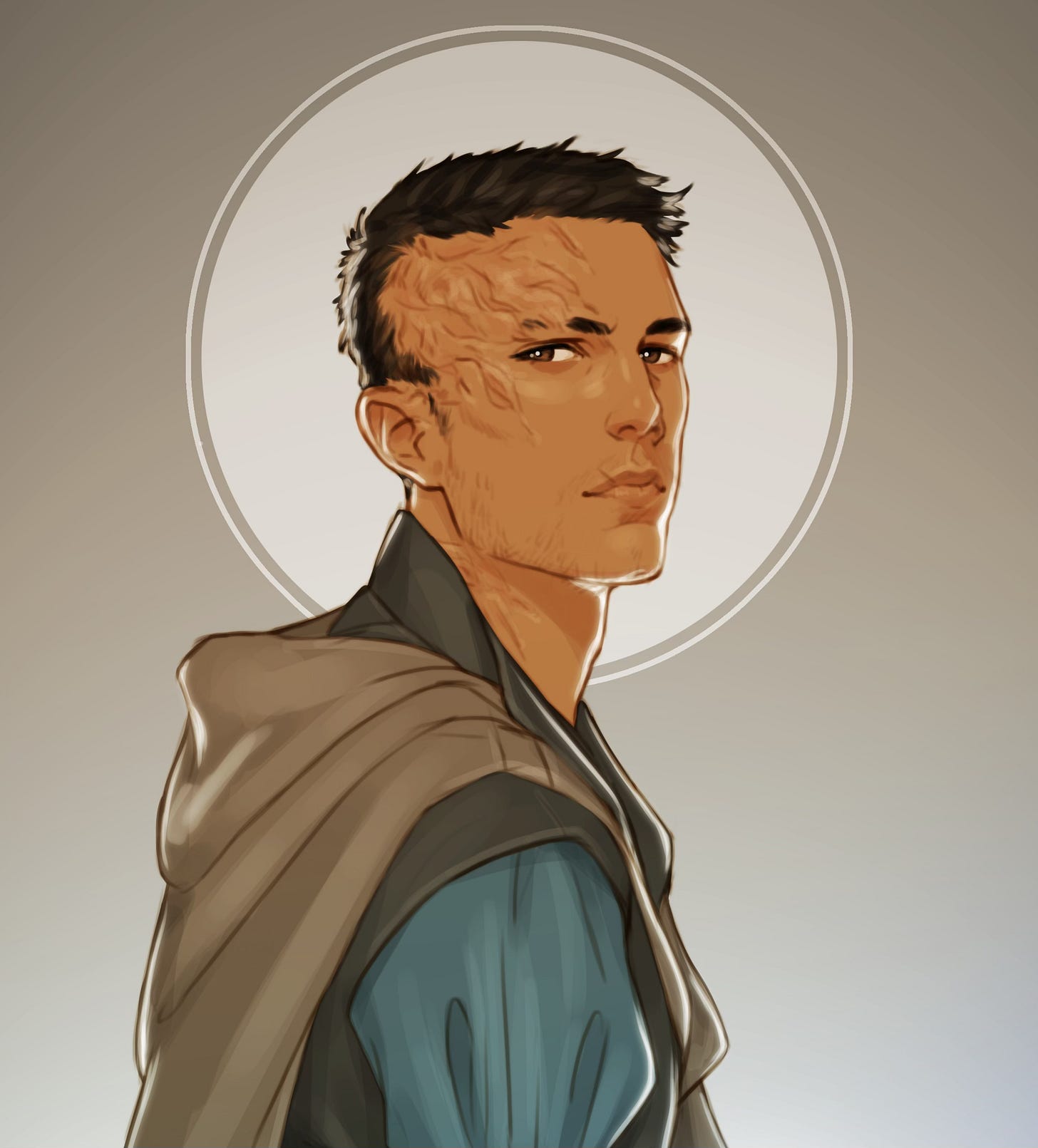 An illustration of Merik's profile, his right side scarred and hair shorn. He looks somber and tired. His skin is brown, his hair dark brown. he wears a blue shirt with a tan cloak