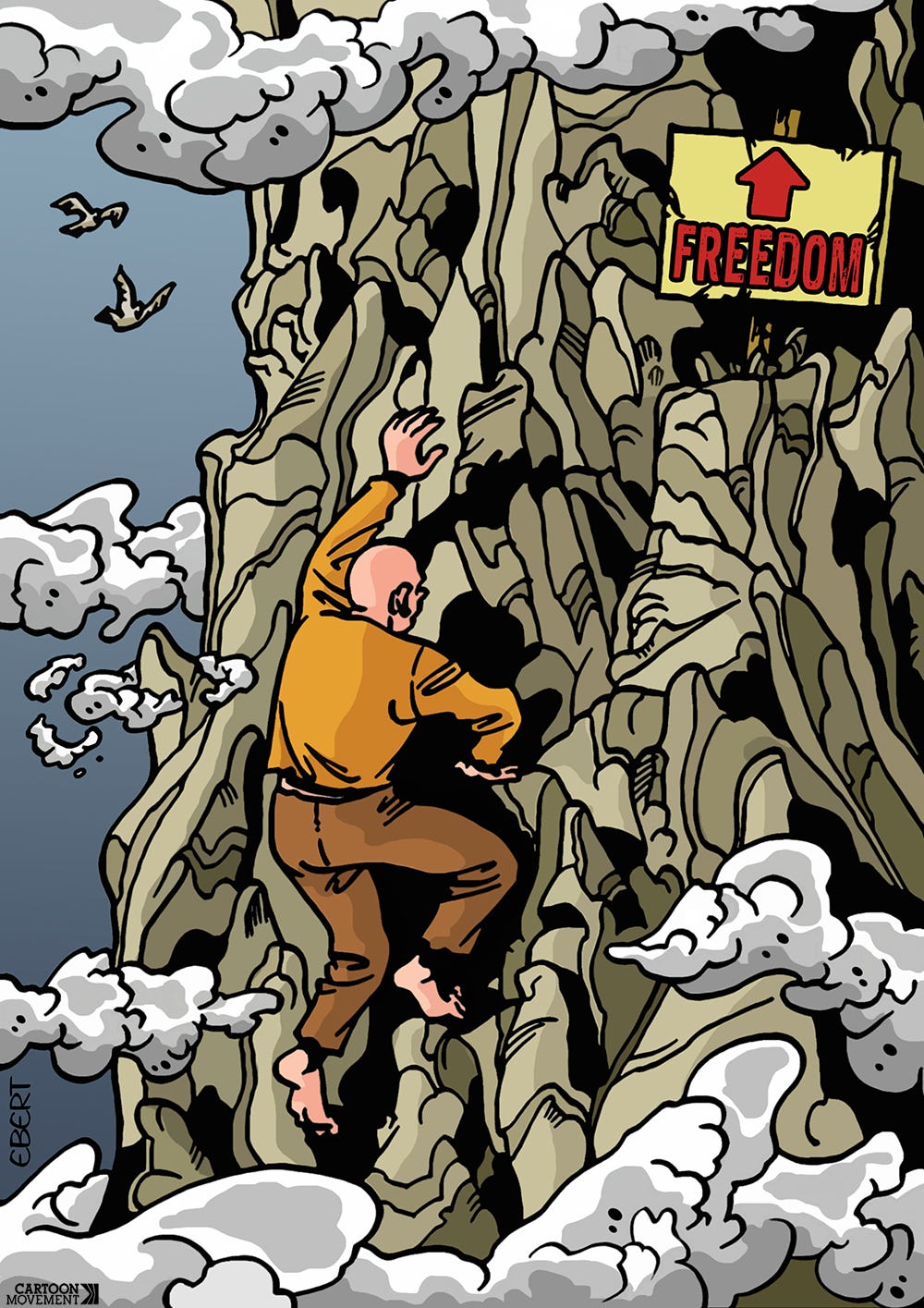 Cartoon showing a man in bare feet climbing the side of a rugged mountain; a sign on the mountainside has an arrow that is pointing up with the word 'freedom'.