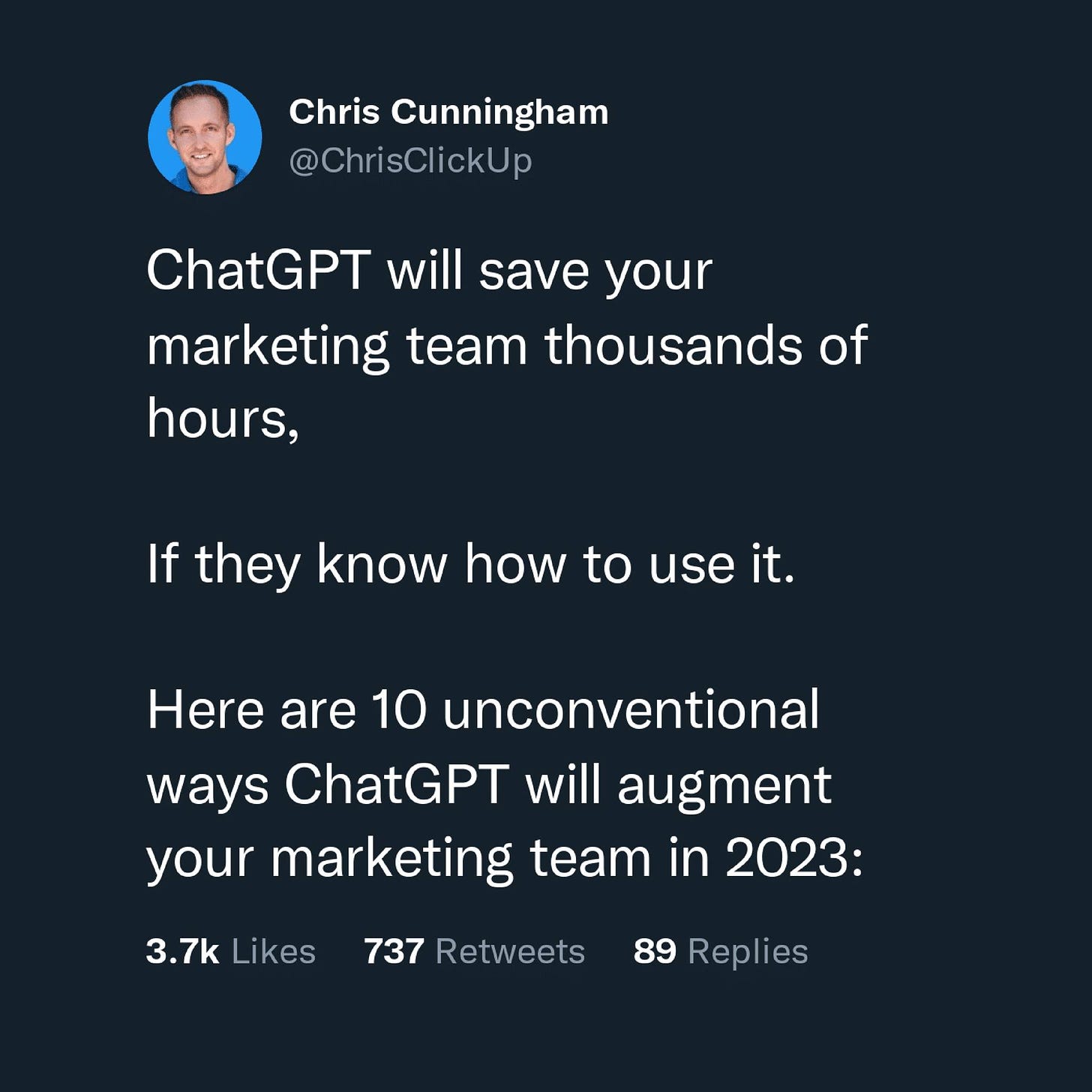Có thể là ảnh chụp màn hình Twitter về 1 người và văn bản cho biết 'Chris Cunningham @ChrisClickUp ChatGPT will save your marketing team thousands of hours If they know how to use it. Here are 10 unconventional ways ChatGPT will augment your marketing team in 2023: 3.7k Likes 737 Retweets 89 Replies'