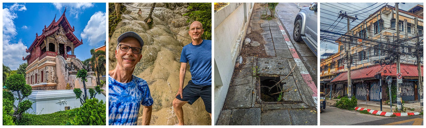 Four photos showing the good and the bad in Thailand. Starting on the left, a beautiful temple, Brent and Michael standing at a waterfall, a sidewalk with a huge hole in it, and a building with tons of electrical cables in front of it. 