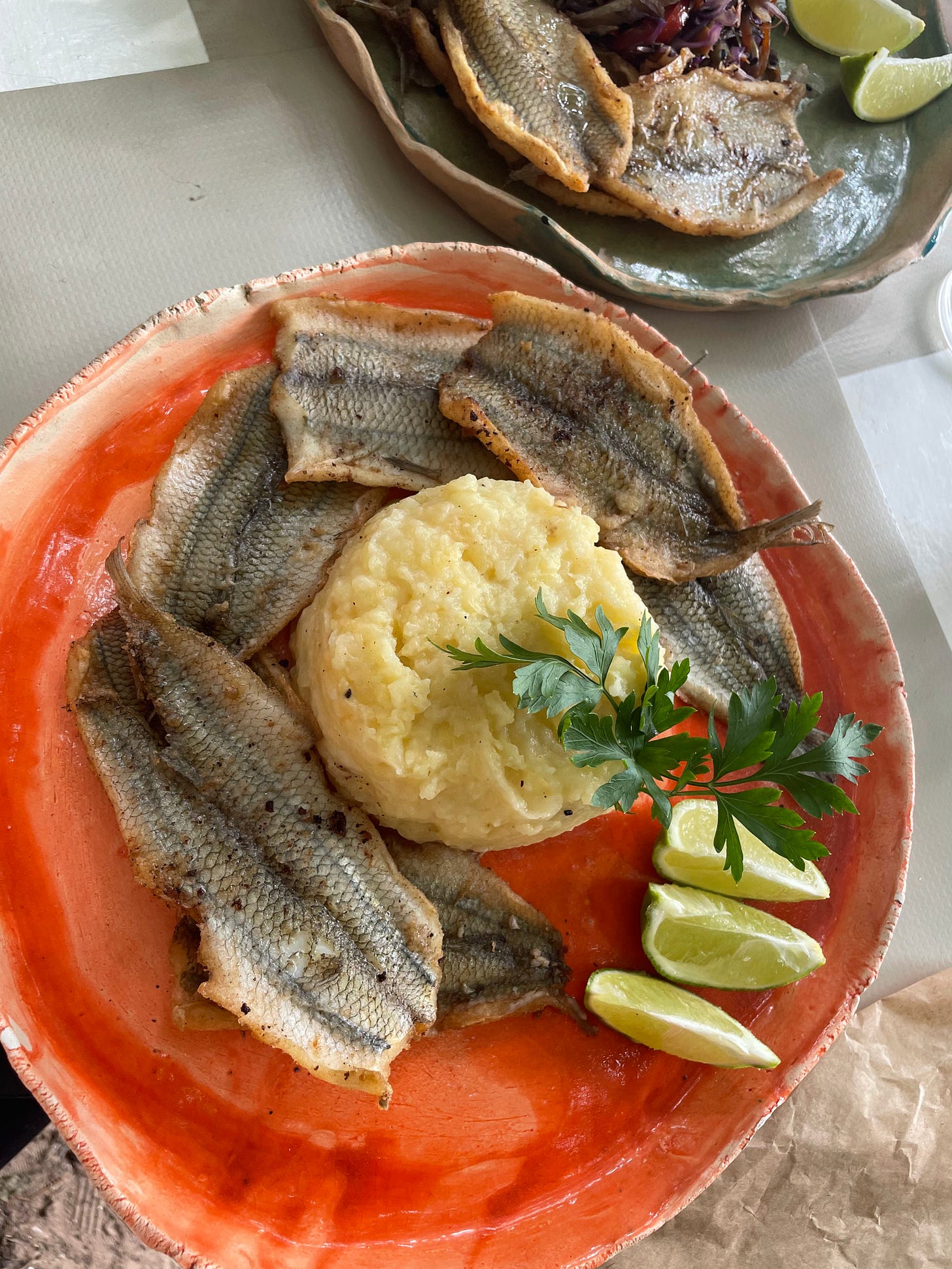 fresh cooked fish with mash potatoes and limon