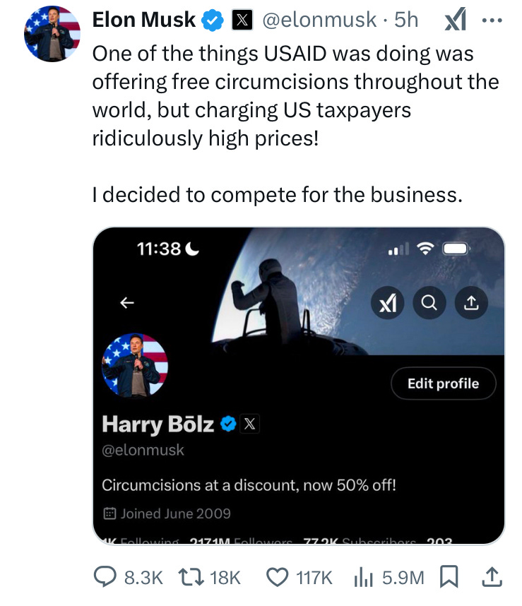 One of the things USAID was doing was offering free circumcisions throughout the world, but charging US taxpayers ridiculously high prices!  I decided to compete for the business.