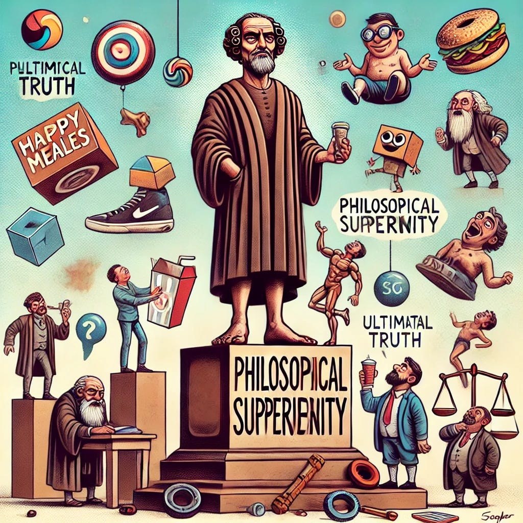 A humorous and absurd scene showing a figure in a scholarly robe, wearing a smug expression, standing on a pedestal labeled 'Philosophical Superiority.' Around them, other figures are in various states of confusion, holding things like Happy Meals, broken yo-yos, and half-filled toolboxes, symbolizing their lack of understanding. The background has floating abstract shapes like shadows and thought bubbles, with a playful, cartoonish style. The figure on the pedestal appears triumphant, with exaggerated, humorous academic props like a massive book labeled 'Ultimate Truth.'