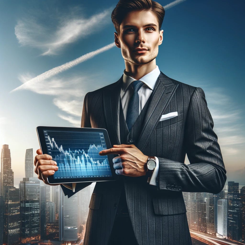 A well-dressed, confident looking person standing in front of a modern city skyline. They are holding a tablet in one hand, displaying stock market graphs, and pointing at one of the graphs with the other hand. The person has a look of determination and success on their face, and they are wearing a tailored suit with a clean, sophisticated design. The background showcases a bustling city with skyscrapers under a clear, blue sky, symbolizing prosperity and business success.