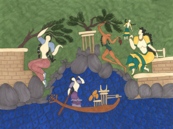 A brightly colored scene featuring, in the center, a woman standing next to a small shrine in a reed boat on the water. Behind her, a woman and a man perform tree-shaking rituals, bending tree branches down, while a seated priestess is approached by a tiny floating goddess.