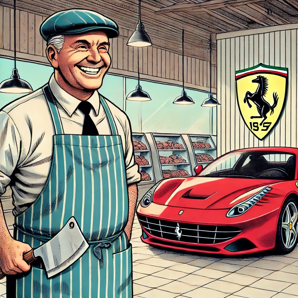 A single-panel comic scene of Bob the Butcher in a Ferrari car showroom, closely resembling the original image where Bob is behind his butcher counter. Bob, a cheerful, middle-aged man in a butcher's apron, is standing in the showroom, smiling while admiring a shiny red Ferrari. The style is similar to the original rustic comic image of 'Butcher Bob's Meats,' with the Ferrari shop's sleek modern decor contrasting with Bob's humble appearance. Bob is still holding a butcher's cleaver, giving a humorous feel to the scene.