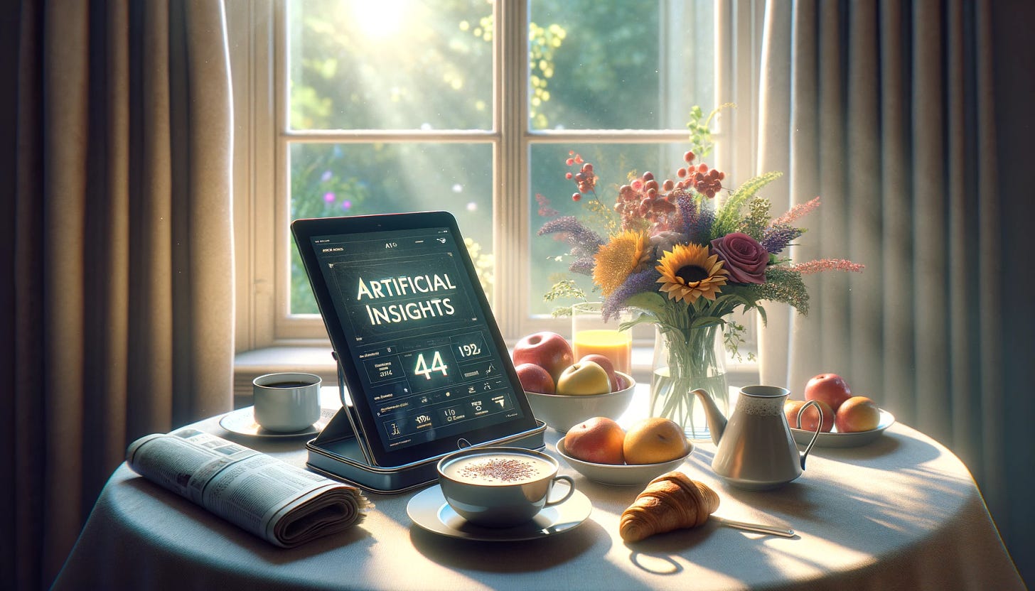 A breakfast table scene during a serene morning, bathed in soft, natural light filtering through a window. The table is set with an assortment of breakfast items: a steaming cup of coffee, a bowl of fresh fruit, a croissant on a small plate, and a crisp newspaper folded next to a vase of vibrant flowers. Prominently featured in the center of the table is a sleek, modern tablet standing on a holder. The tablet's screen displays the text 'Artificial Insights' in a clean, stylish font, with the number '44' subtly incorporated into the design. The overall ambiance is cozy and inviting, with a hint of technology seamlessly integrated into the tranquil morning routine.