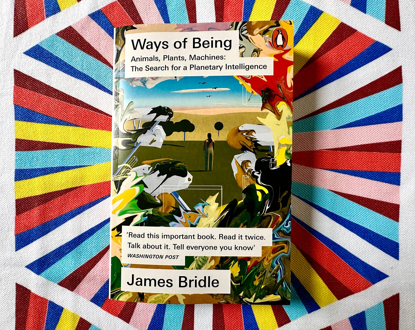 Picture of a book titled "Ways of Being", by James Bridle, on a multi-coloured striped cloth with white background. The book’s cover illustration is an abstract landscape based on an original design by Pablo Delcan. White text is overlaid stating “First #5: Ways of Being: Animal, plant, and machine intelligence. Available April 1st, 2024 at UXMICHAELCO.SUBSTACK.COM”.