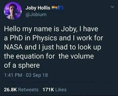 NASA employee tweets he forgot the formula for volume of a sphere