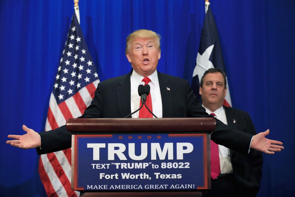 Then-Republican presidential candidate Donald Trump with former New Jersey Gov. Chris Christie on Feb. 26, 2016, in Fort Worth, Texas. Christie gave Trump his endorsement at the event. 