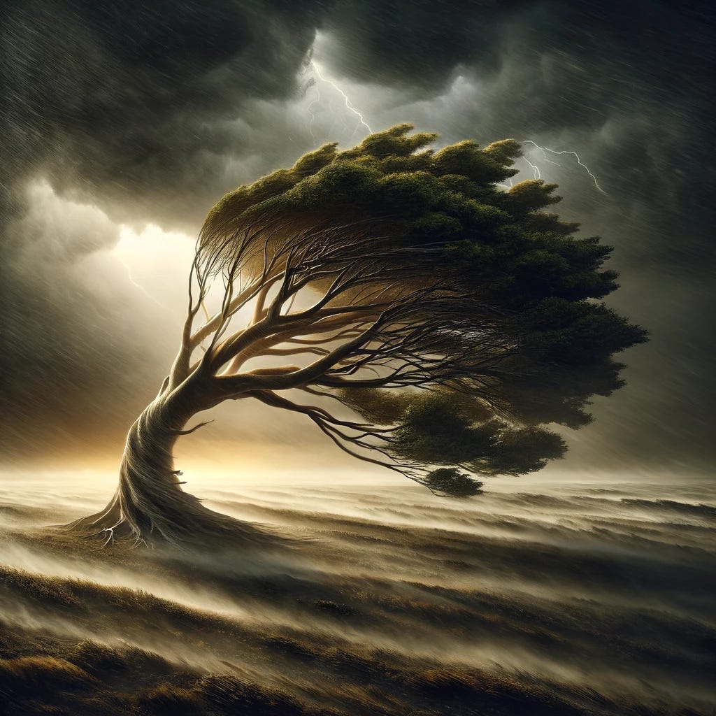 A digital image of a tree demonstrating resilience in the midst of a severe storm. The scene is dynamic and intense, capturing a powerful gale. The central focus is a large tree, bending dramatically under the force of the wind, its branches and leaves swept back, showing the strength of the gale. The tree is bent to an extreme angle, almost to the point of breaking, but not quite, symbolizing endurance and resilience. The sky is tumultuous, with dark, swirling clouds, and streaks of lightning in the background, enhancing the sense of a fierce storm. The atmosphere is one of tension and drama, yet the tree's survival conveys a message of perseverance against overwhelming odds.