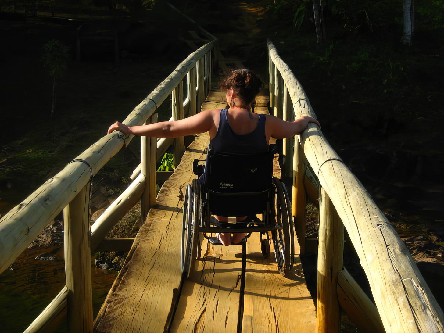 A wheelchair user viewed from the back, crossing a small rickety pedestrian bridge.