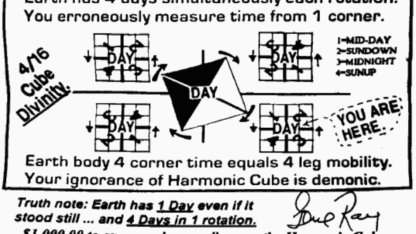 A piece of the Timecube website, all sorts of writing scattered around a diagram of various squares broken into grids. "Earth body 4 corner time equals 4 leg mobility. Your ignorance of Harmonic Cube is demonic", "Truth note: Earth has 1 Day even if stood still...and 4 days in 1 rotation"