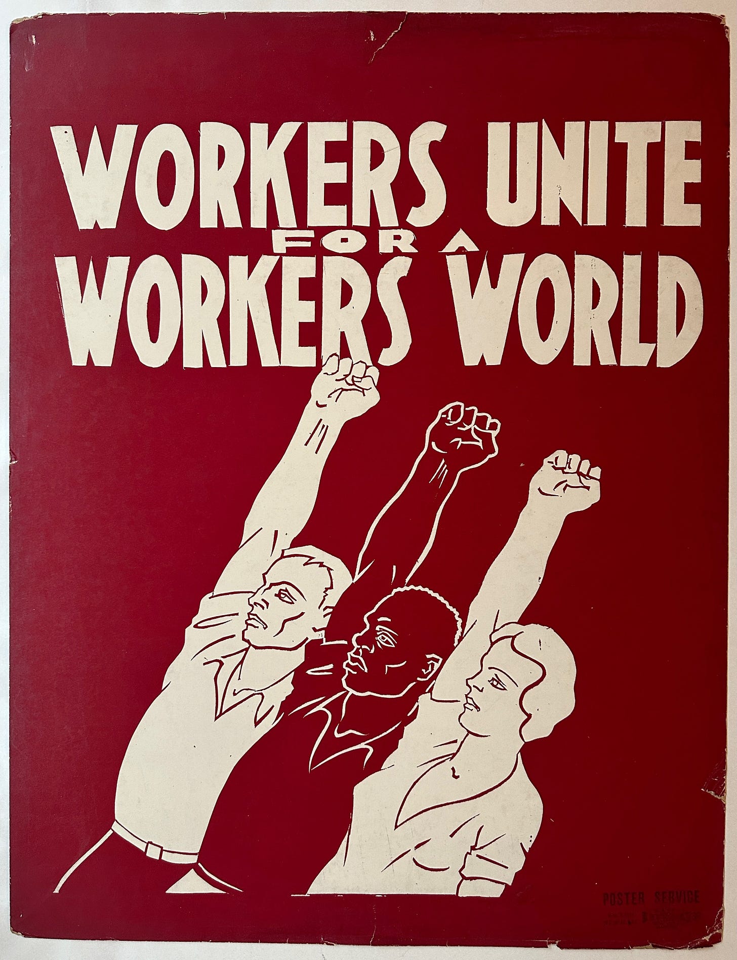 28x22 rebel arts workers union organization poster featuring two men one woman with fists raised side by side, white on red background