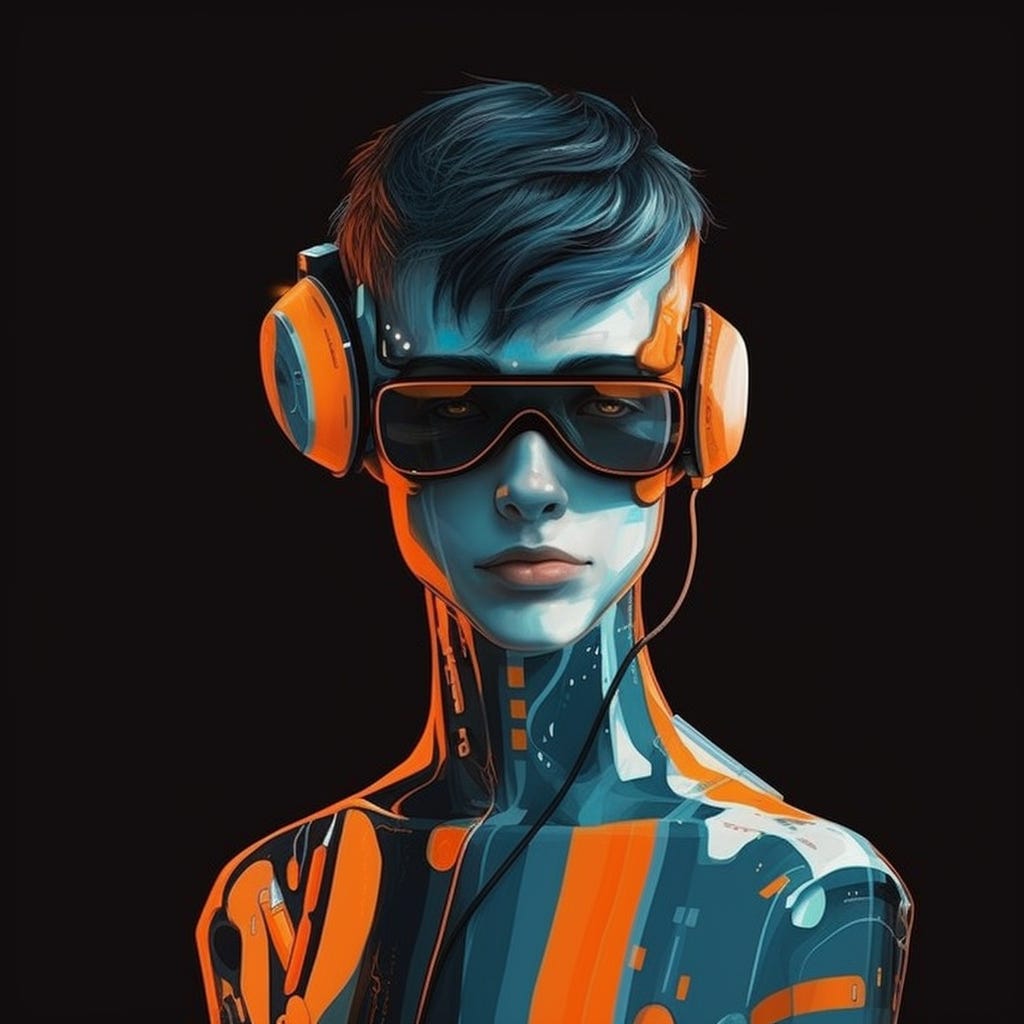 A future humanoid with very slim cybernetic glasses, blue, orange, white, dark background