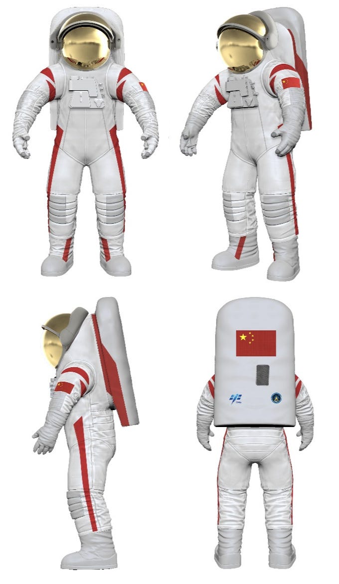 A computer-generated render of China’s lunar spacesuit seen from the front, side, and back.