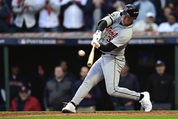 Carpenter becomes October star as 9th inning homer off Clase sends Tigers  to 3-0 win over Guardians | AP News