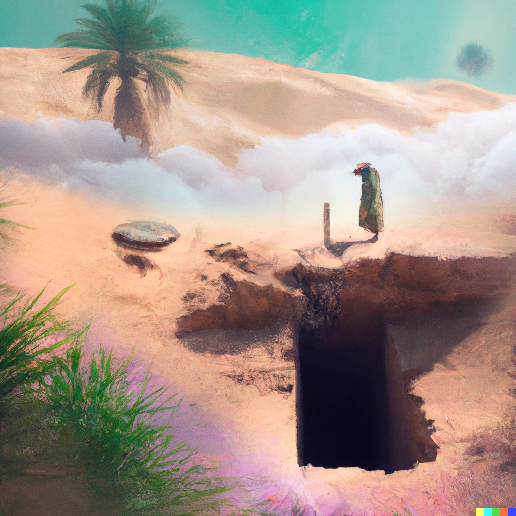 DALL·E 2023-05-02 17.52.01 - Someone hallucinating when approaching an oasis in the desert, surrealism digital art.png