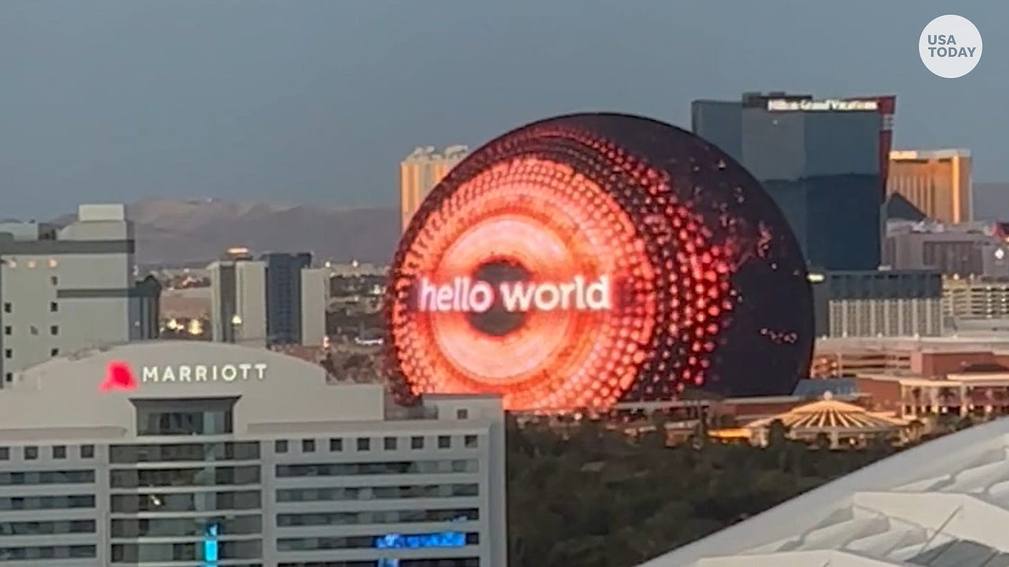 Las Vegas' newest landmark venue lights up to say 'hello world'