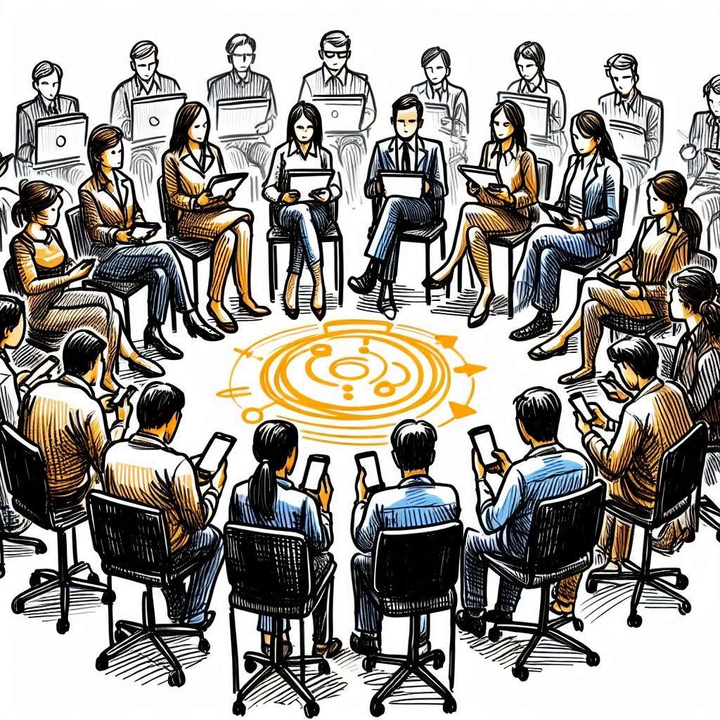 Is Eusocial Media possible? A group of people all sitting in a circle, facing each other, yet ignoring each other because they are all fixated on their screens (a.k.a., black mirrors)...