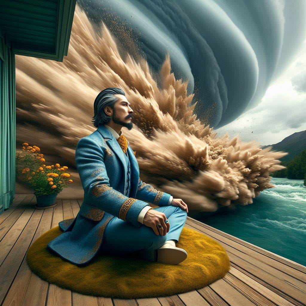 entire image is in motion disbursing into wind. maelstrom. Leather - Cracked mud Tough leather meets cracked earth's grasp. flowers. soft velvet. A light indigo blue and dark indigo trim suit with cream itallian shoes. mongolian man sits on a green and yellow and gold velvet rug. He is in a back porch of a house looking out at the elysian river. Hyper realistic/ titlshift from above / Wide-angle shot capture image dispursing into wind. serenity