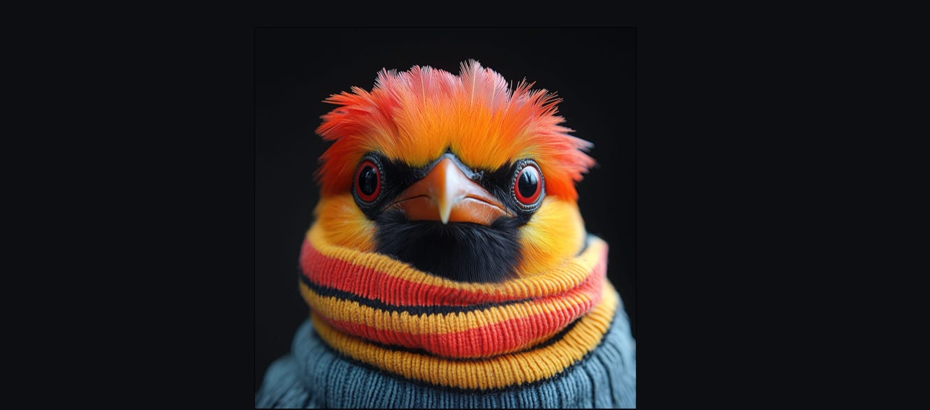 A vibrant orange and yellow bird with a fluffy, spiky crest stares directly at the camera. The bird has striking red eyes and a sharp, pointed beak. It is dressed in a colorful striped scarf with red, orange, and yellow hues, paired with a knitted blue sweater. The background is black, highlighting the bird's vivid colors and unique outfit.