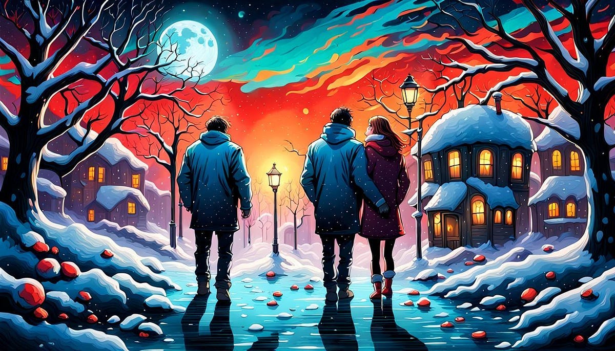 2 lovers on a cold frosty moonlit night, walking