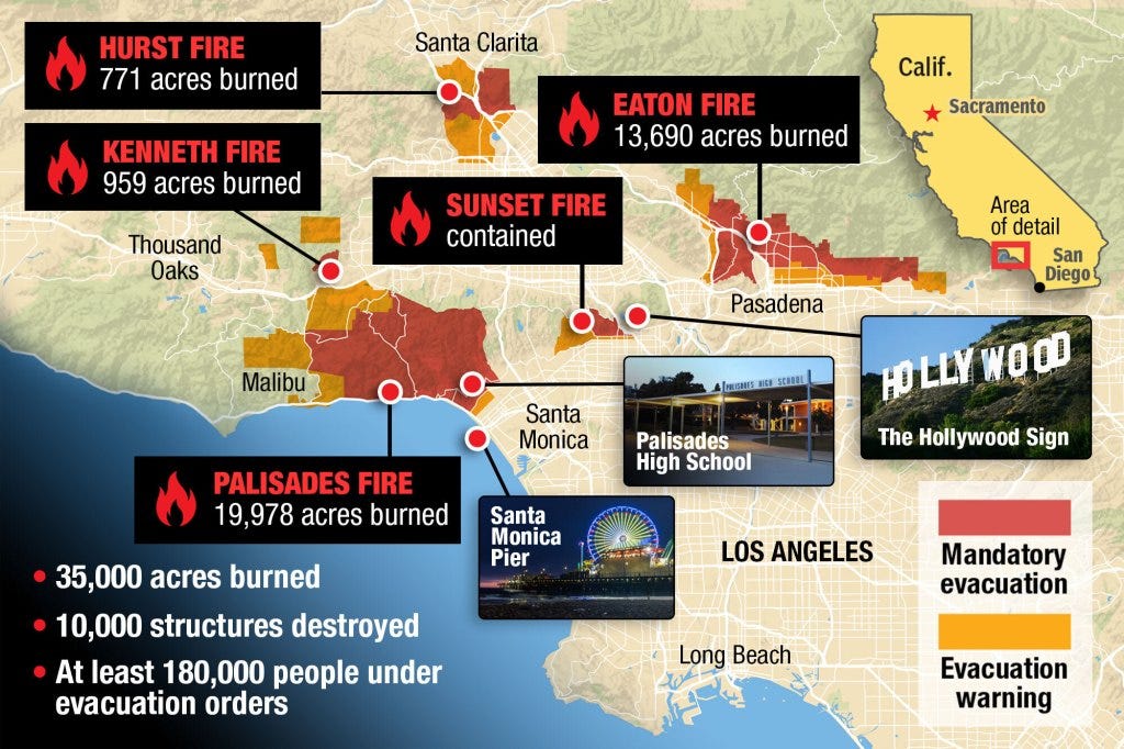 The location of the LA fires and tally of damages, as of Friday morning, Jan. 10.