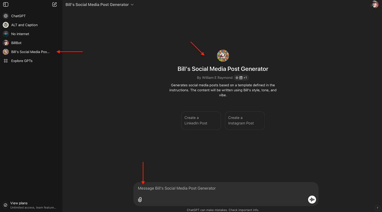 Screenshot of a GPT interface titled "Bill's Social Media Post Generator" with navigation menu.