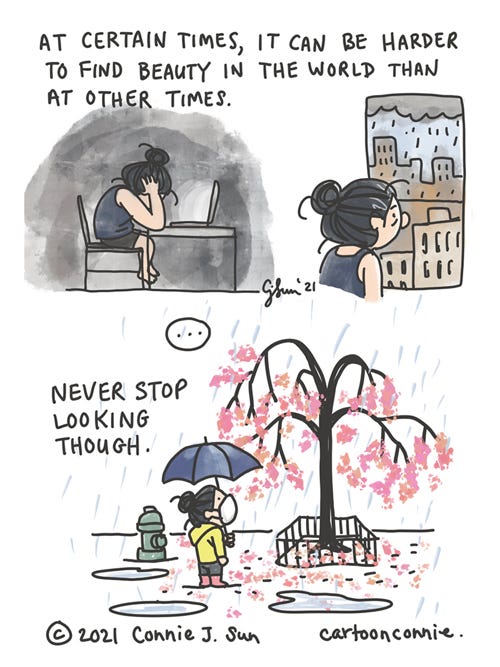Never Stop Looking Sketchbook comic about times when it is harder to stay upbeat and positive, mental health awareness cartoon, by Connie Sun, cartoonconnie