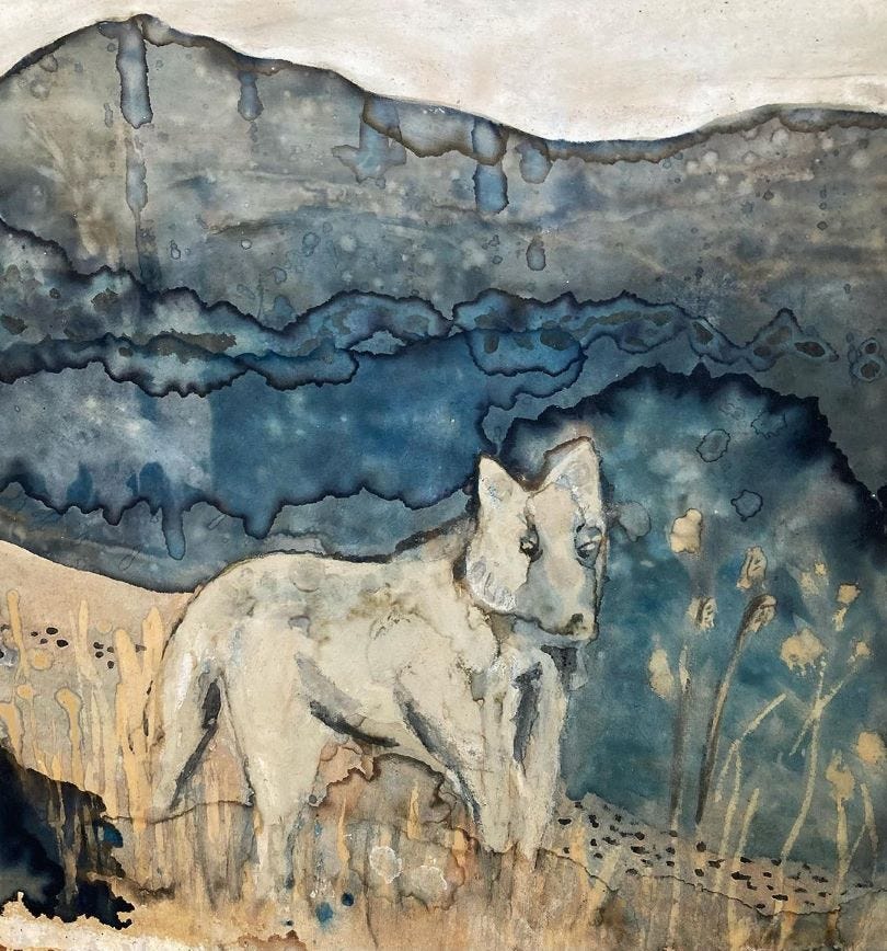 watercolor painting of wolf-like animal in blue landscape