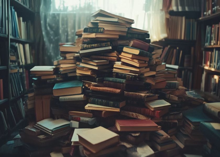 A large pile of books in a room of more books