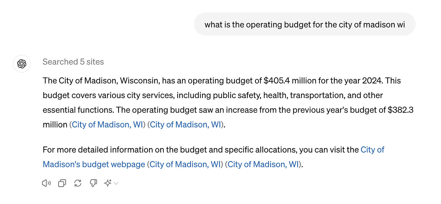 The City of Madison, Wisconsin, has an operating budget of $405.4 million for the year 2024. This budget covers various city services, including public safety, health, transportation, and other essential functions. The operating budget saw an increase from the previous year's budget of $382.3 million【5†source】【6†source】.  For more detailed information on the budget and specific allocations, you can visit the [City of Madison's budget webpage