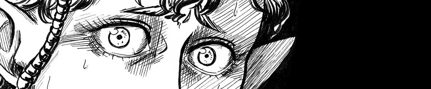 Czarno-biały rysunek pokazujący zbliżenie na szeroko otwarte oczy zestresowanej bohaterki. Po jej czole i policzkach spływają krople potu.