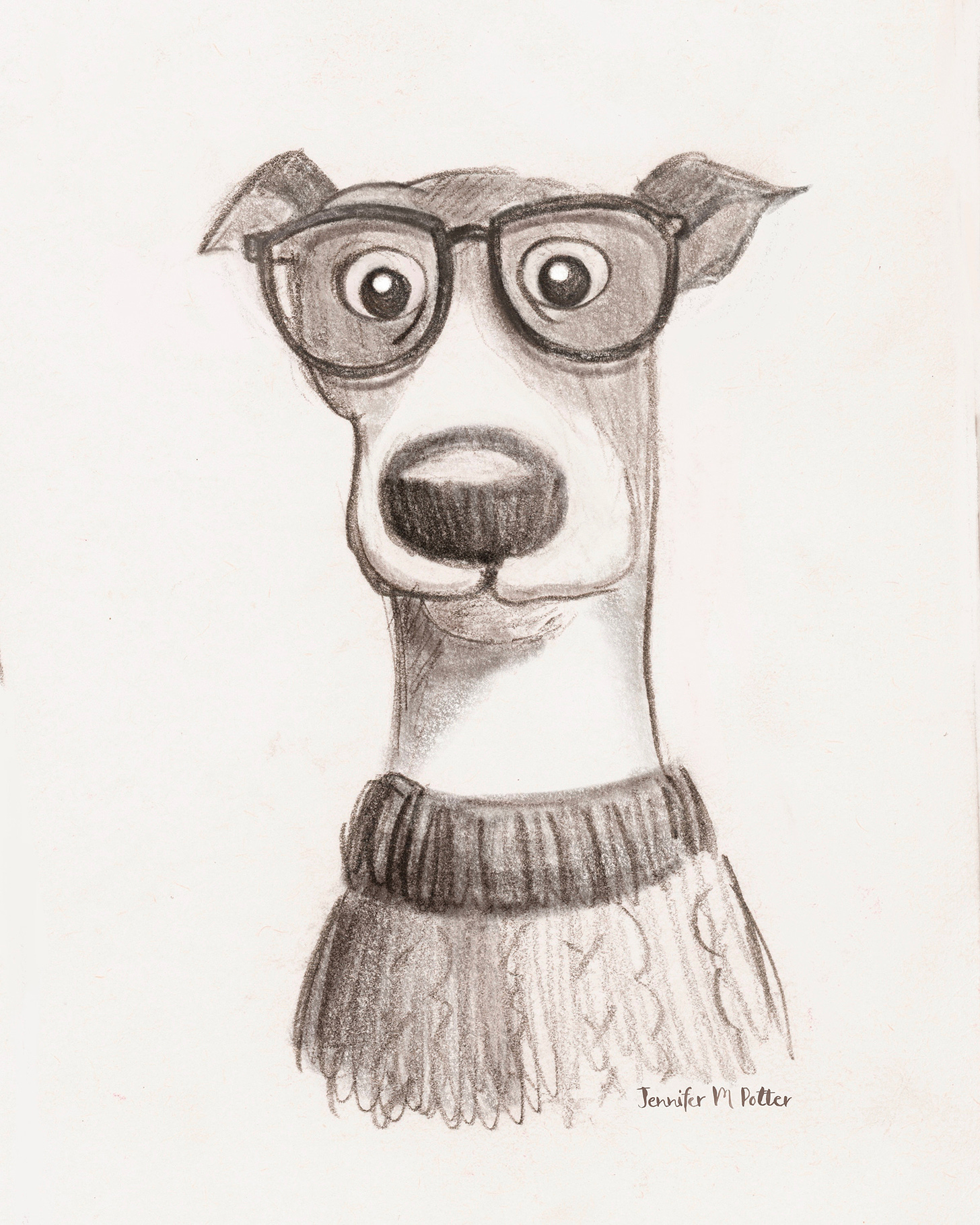 Illustration by Jennifer M Potter of a very studious yet very concerned good dog