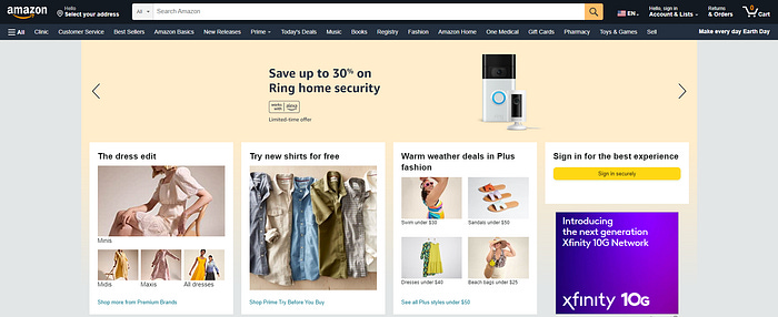 The homepage of Amazon.com, with the search bar at the top of the navigation menu.