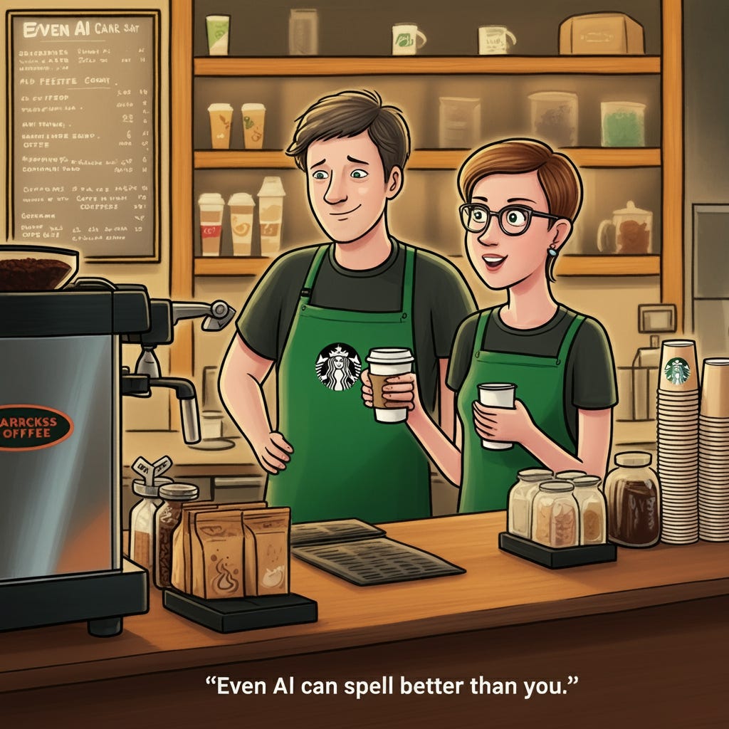 Cartoon illustration: Starbucks coffee shop. A frowning customer holds a coffee cup, saying to the barista, “Even AI can spell better than you!” The barista stands behind the counter, next to coffee machines, stacked cups, and ingredients. by Imagen