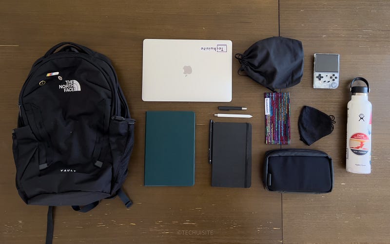 My tech bag essentials on a brown table, inlcuding my bag.
