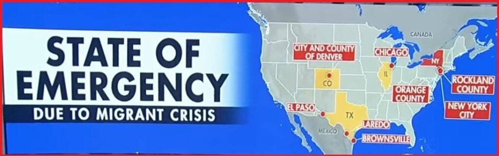 May be an image of map and text that says 'CITY AND COUNTY OFDENVER OF DENVER CANADA STATE OF EMERGENCY DUE το MIGRANT CRISIS CHICAGO ELPASO ORANGE COUNTY ROCKLAND COUNTY TX MEXICO NEW YORK CITY LAREDO BROWNSVILLE'