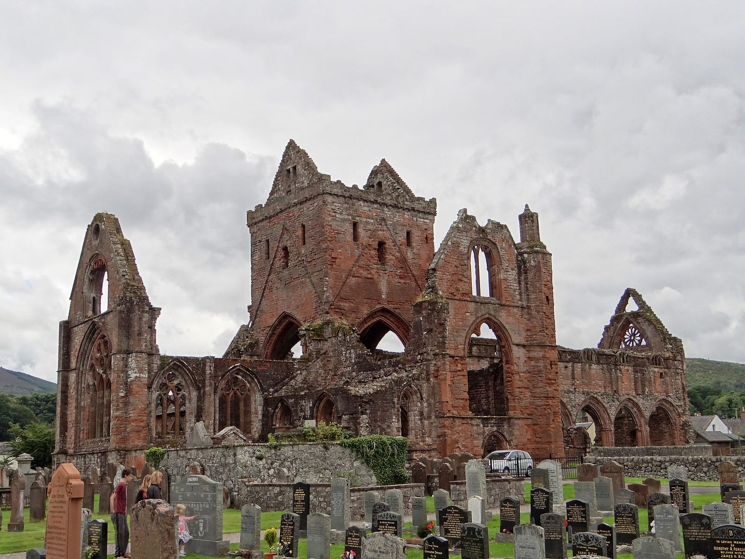 Cathedral ruins, gravestones