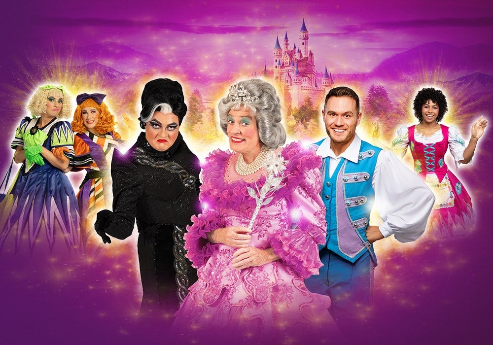 promo image for the Cinderella Panto with characters lined up against a purple background